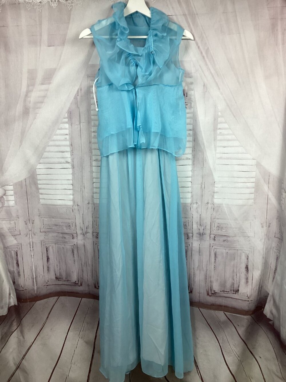 Vintage Blue Chiffon Spaghetti Strap Maxi Dress w/ Sheer Top 7/8